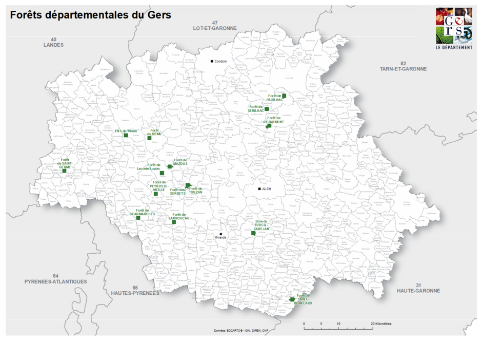 Carte des forêts départementales du Gers - Agrandir l'image (fenêtre modale)